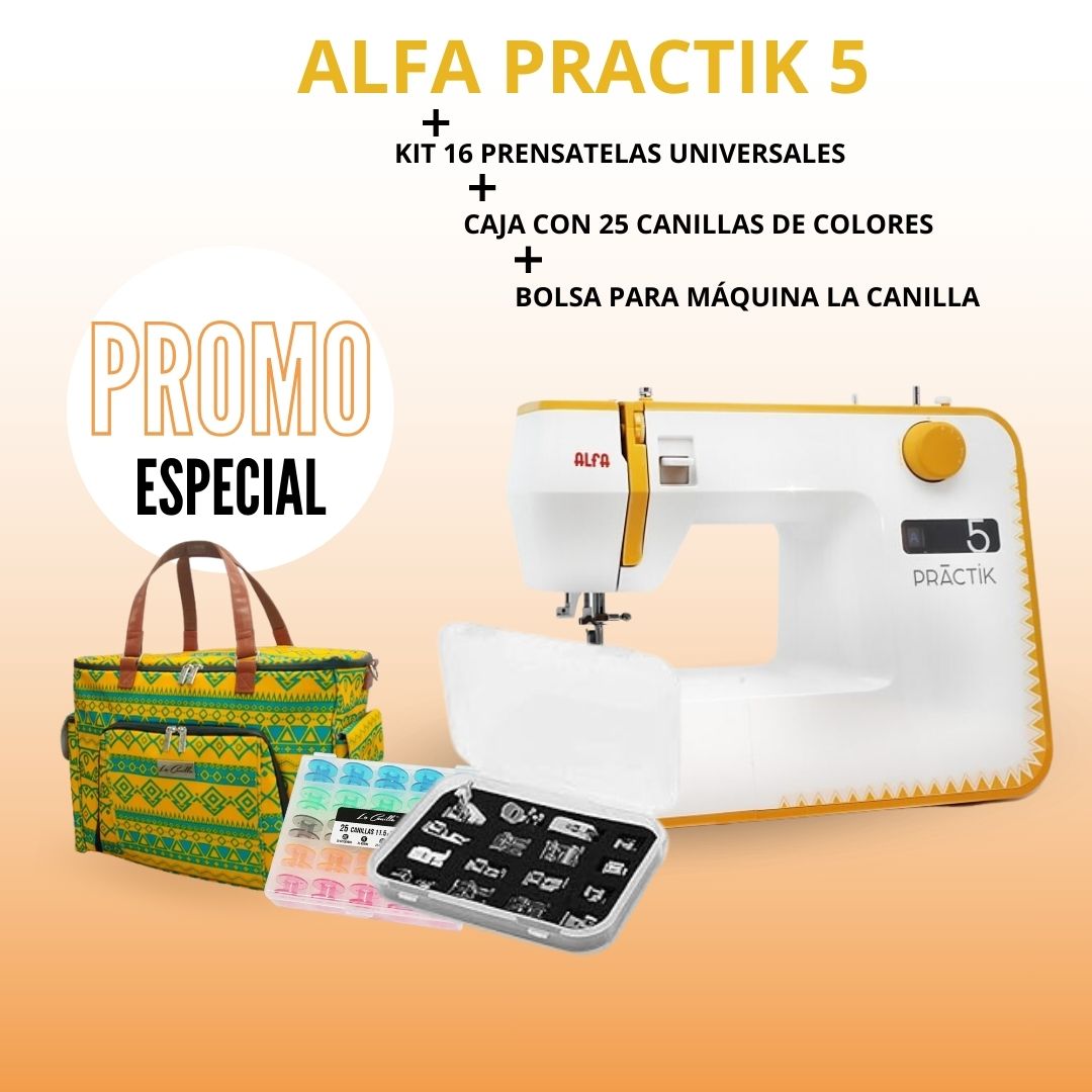 ALFA PRACTIK 5 + CAJA CANILLAS + KIT 16 PRENSATELAS + TOTE BAG LA CANILLA