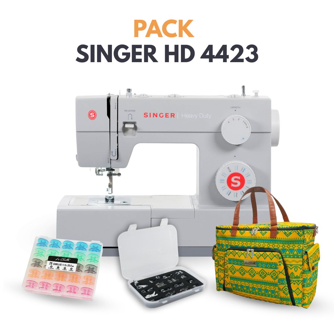 SINGER HD 4423 + KIT 16 PRENSATELAS + CAJA 25 CANILLAS + TOTE BAG