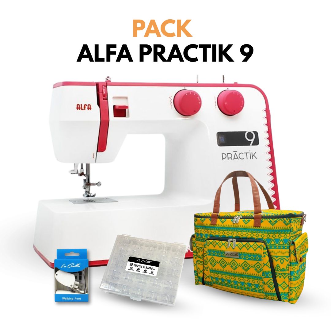 ALFA PRACTIK 9 + BOLSA PARA MÁQUINA + PRENSATELAS DOBLE ARRASTRE + 25 CANILLAS TRANSPARENTES