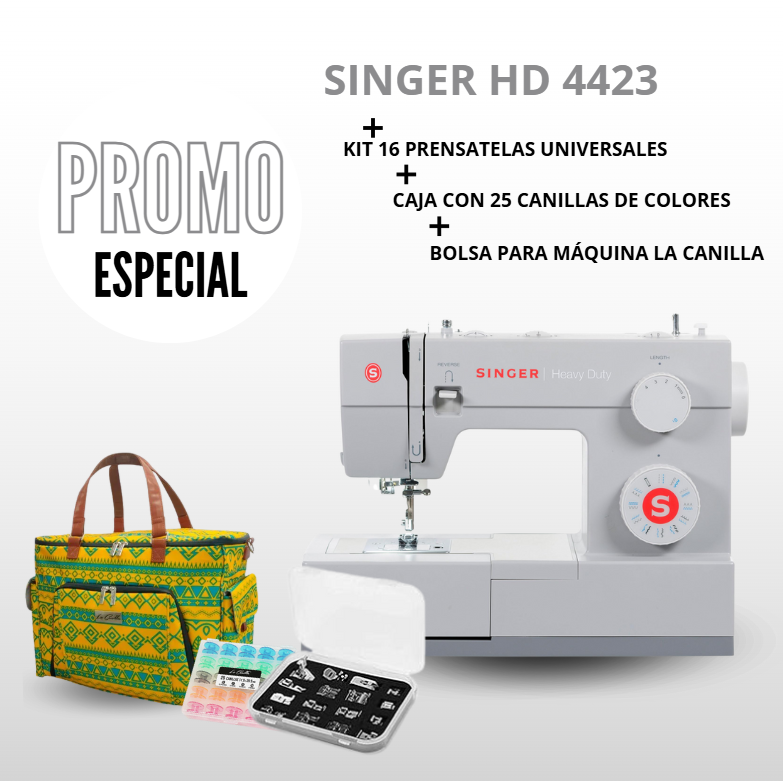 Singer HD 4423 + KIT 16 PRENSATELAS + Caja 25 CANILLAS + TOTE BAG
