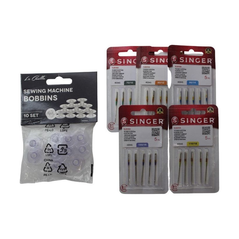 SuperPack Agujas Singer 2045 70-80-90-100-110 + 10 Canillas de Plástico