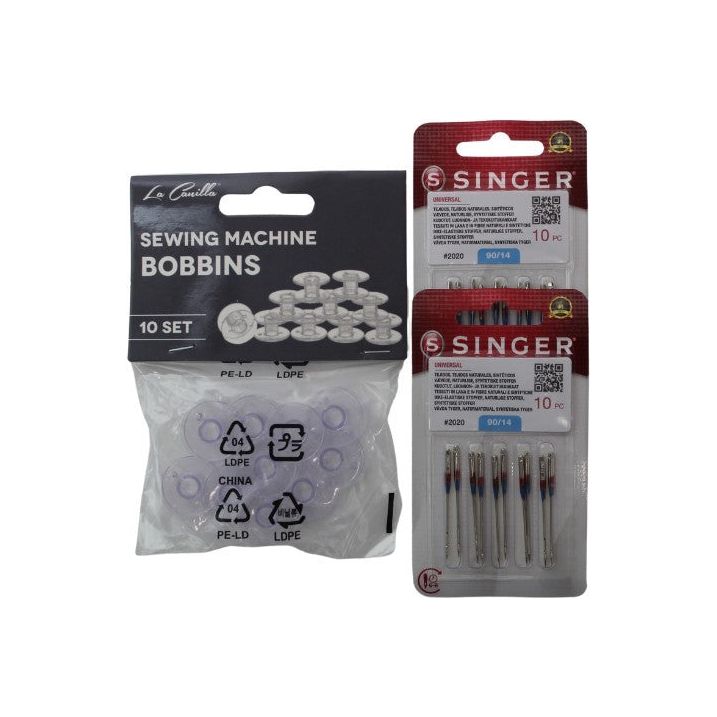 Pack 20 Agujas Singer 2020 90/14 + 10 Canillas de Plástico