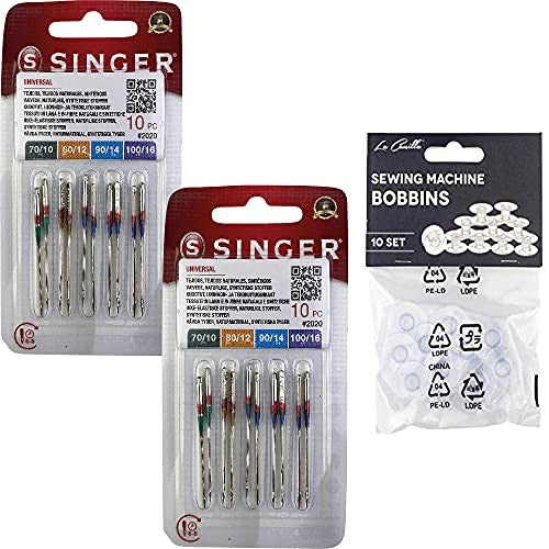 Pack 10 Agujas Singer 2020, 70-80-90-100 + 10 Canillas de Plástico