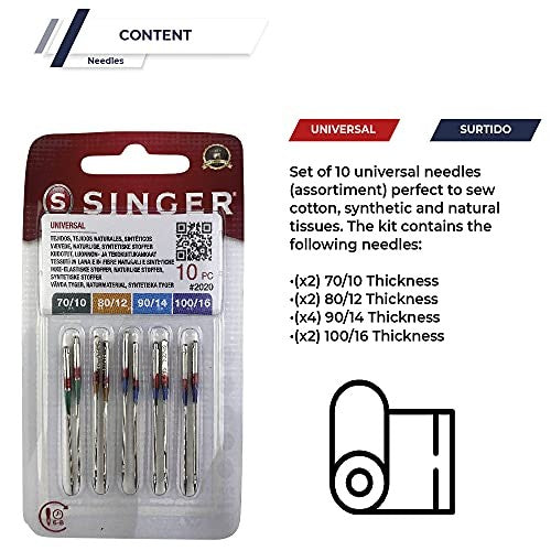 Pack 10 Agujas Singer 2020, 70-80-90-100 + 10 Canillas de Plástico