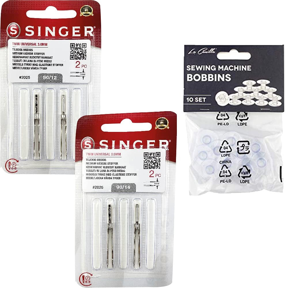 Pack 4 Agujas Singer Doble 2025 Grosores 80-90 + Pack 10 canillas de plástico
